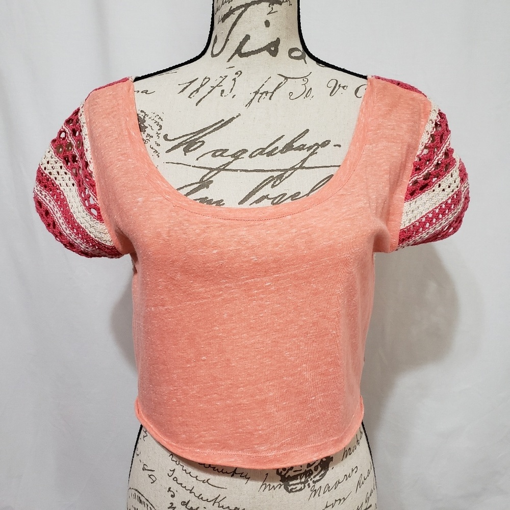 We the Free striped crocheted back hi-low tee sz S